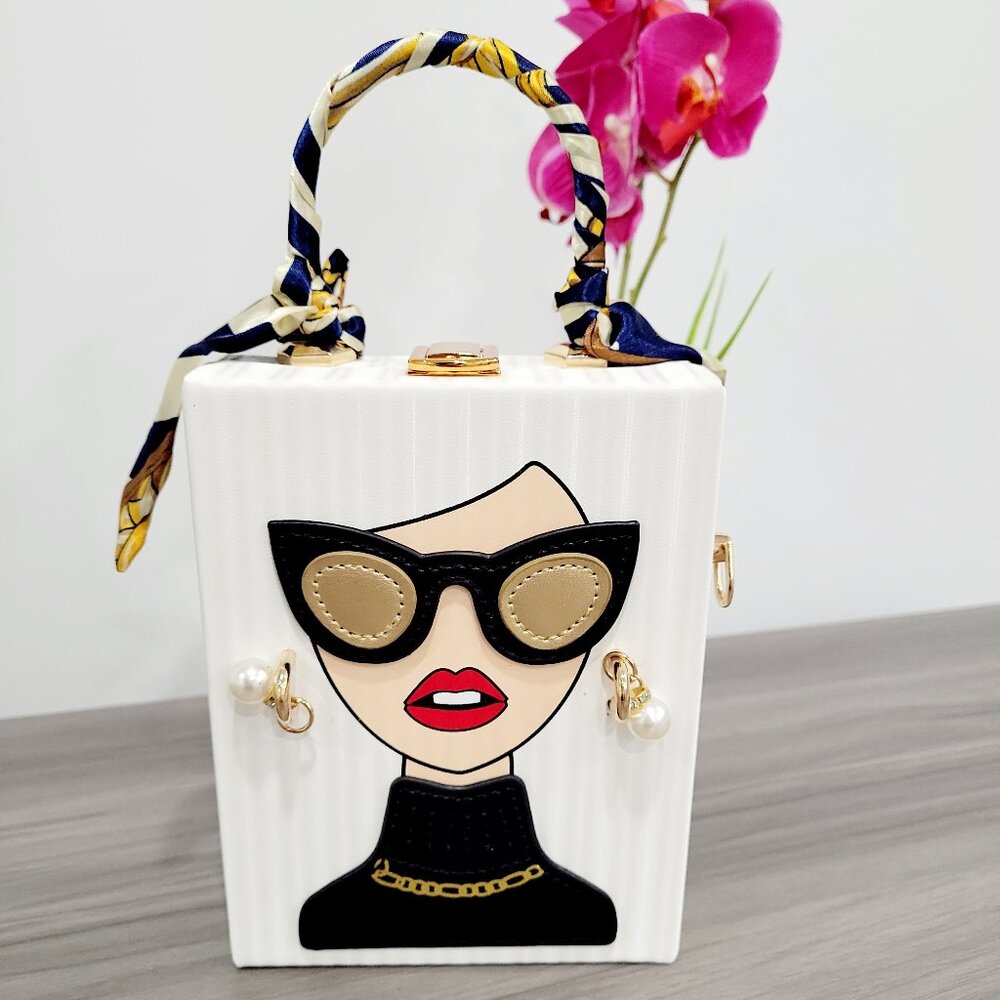 Fashion Lady Face Trendy Box Handbag for Women w/Pearl Earrings, Scarf Handle
